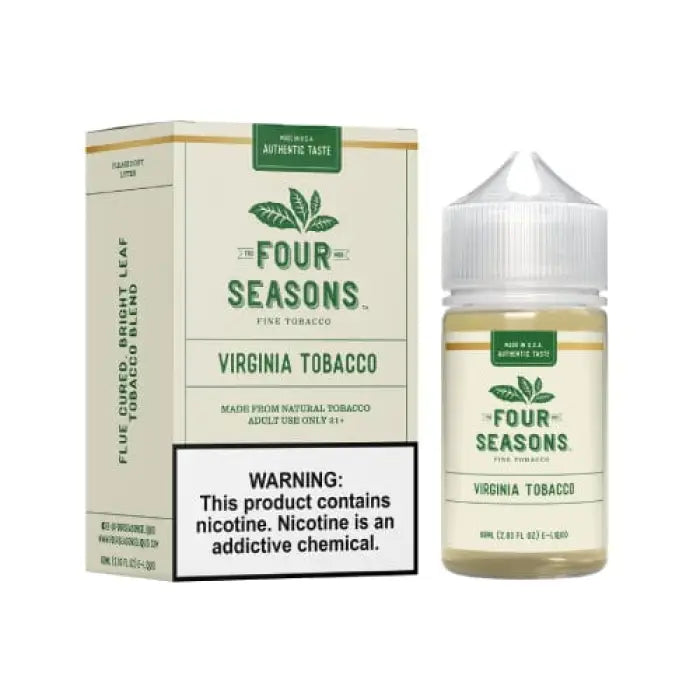 E-liquid bottle and packaging for ’Four Seasons Virginia Tobacco’ flavor.