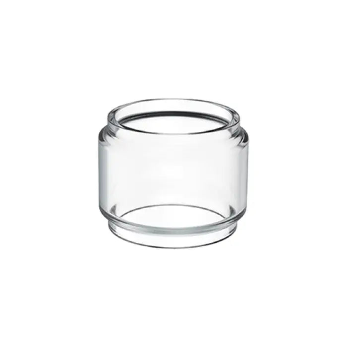 Clear glass cylindrical container with a wide mouth and slightly bulged sides.