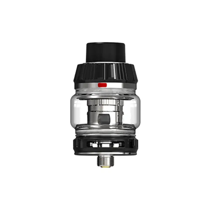 Vaping tank or atomizer with a glass chamber and black top cap.