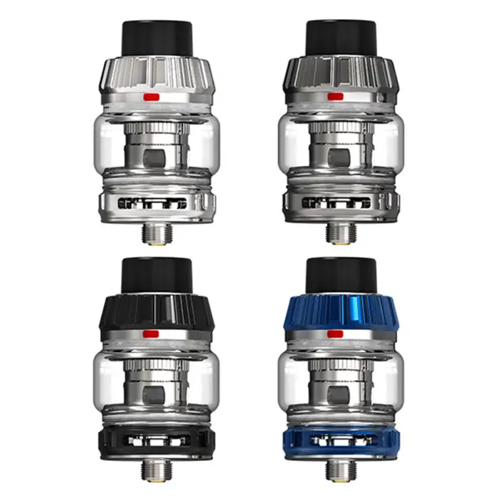 Vaping tanks or atomizers with glass chambers and adjustable airflow rings.