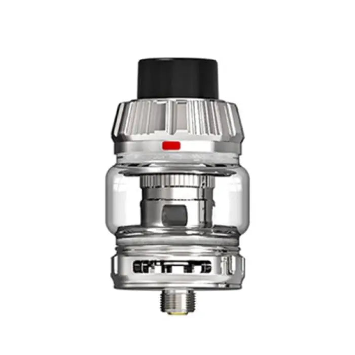 Vaping tank or atomizer with a glass chamber and metallic components.