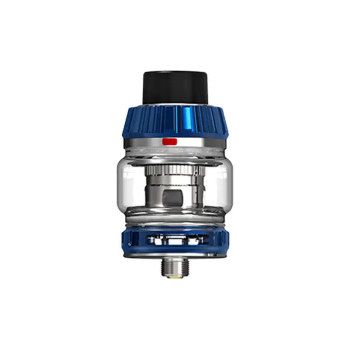 Vaping tank or atomizer with blue metallic accents and a glass chamber.