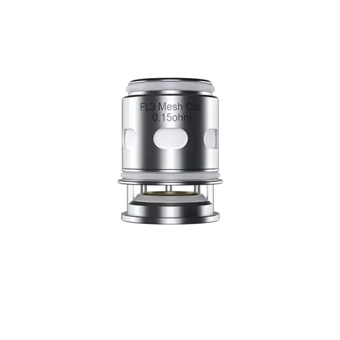 Cylindrical metal vaping coil or atomizer head with visible mesh and branding.