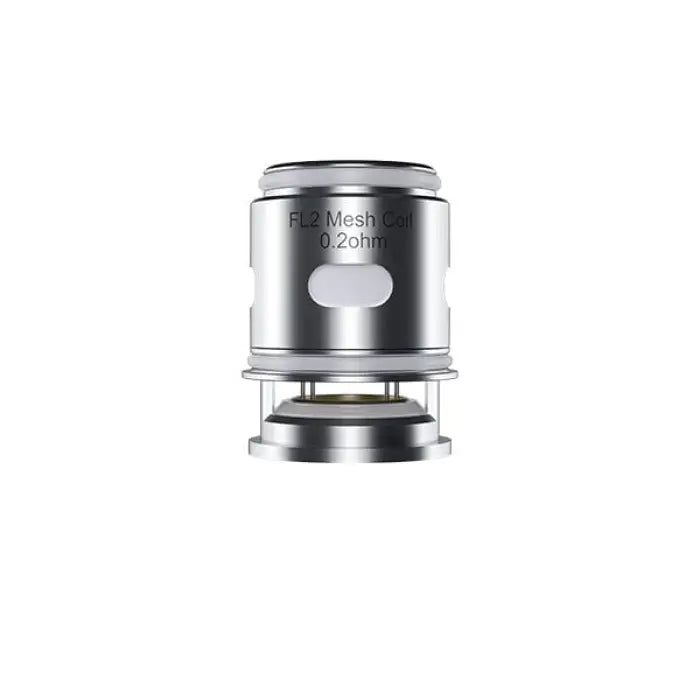 Cylindrical metal vaping coil or atomizer head with visible branding.