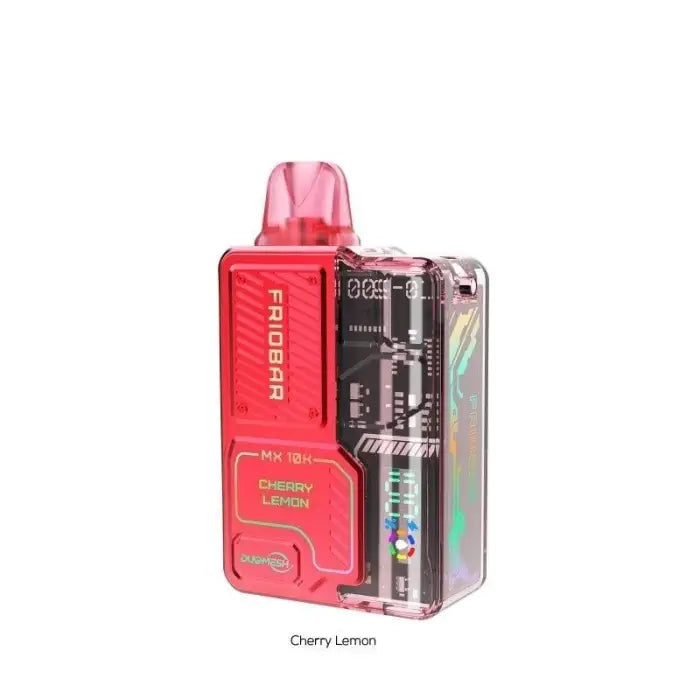 Red and transparent electronic vaping device with a visible internal mechanism.