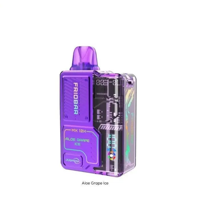 Purple electronic vaping device with a transparent section showing internal components.