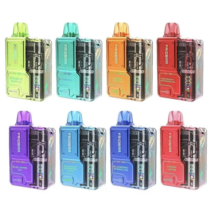 Colorful electronic vaping devices or pod systems arranged in rows.