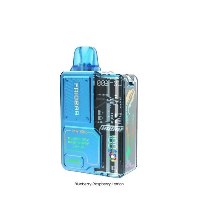 Blue and transparent electronic vaping device with visible internal components and digital display.