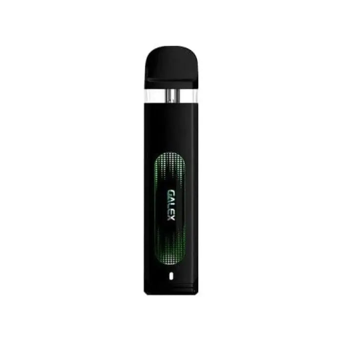 Black electronic vaping device with a green display window.