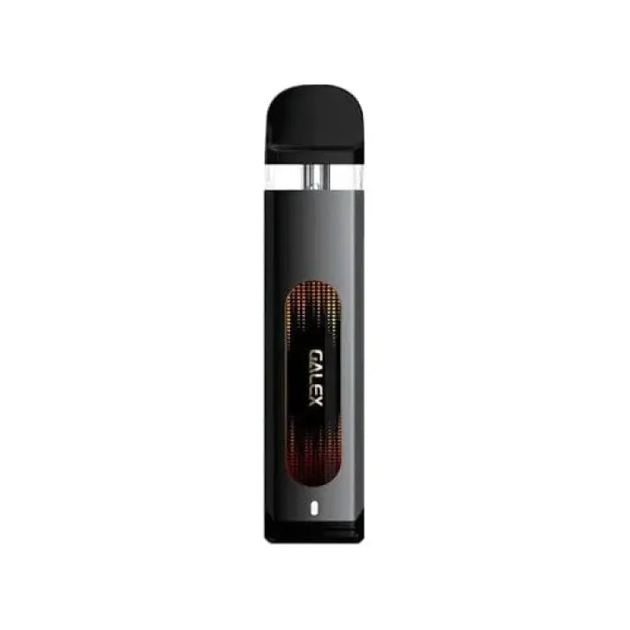 Sleek black electronic vaping device with a transparent window showing an orange glow.