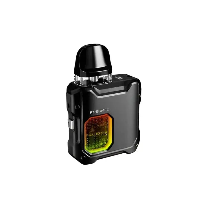 Compact black electronic vaping device with a colorful display panel.