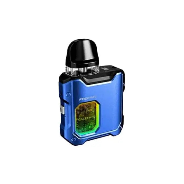 Compact blue electronic vaping device with a colorful display window.