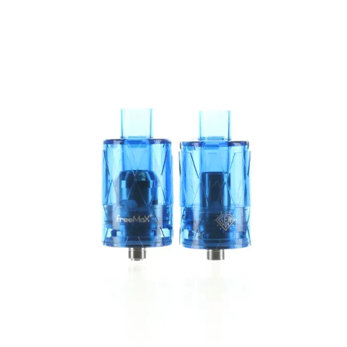 Two transparent blue cylindrical vaping tanks or atomizers with metal bases.