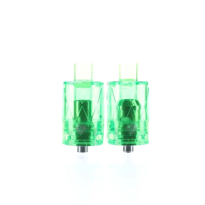 Two transparent green cylindrical vaping tanks or atomizers.