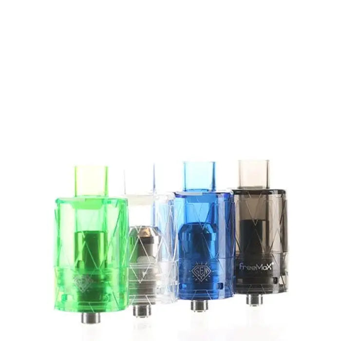 Set of colorful transparent vaping tanks or atomizers with different designs.