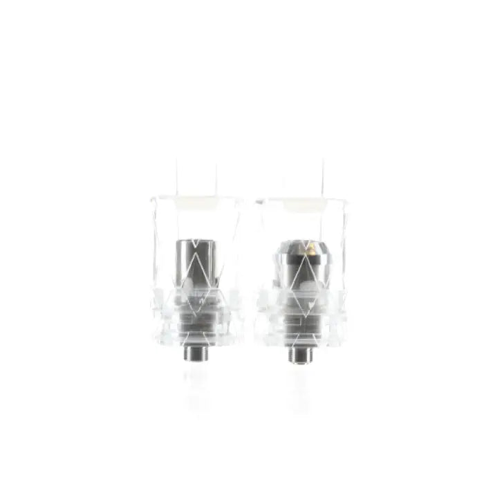 Two transparent vape coils or atomizer heads with visible internal components.