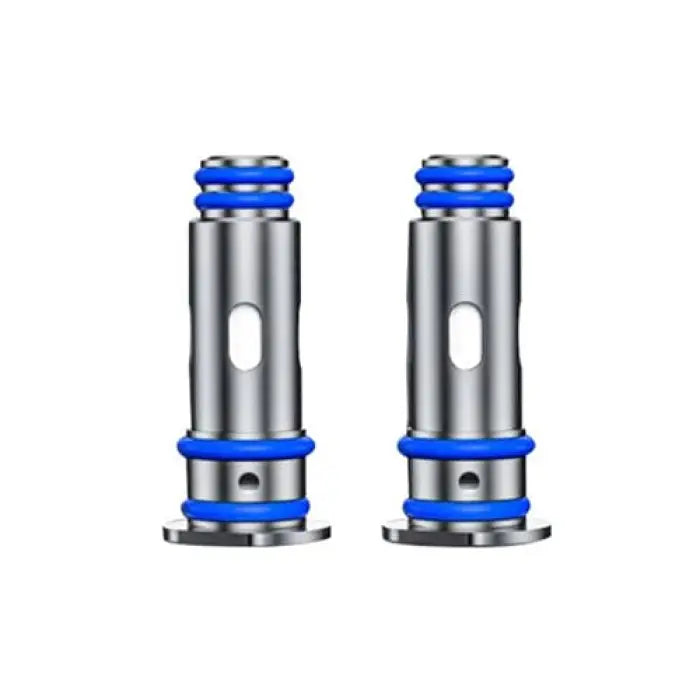 Pair of cylindrical metal vaping coils with blue accents.