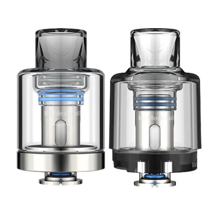 Two transparent vaping tanks or atomizers with metal components and blue accents.