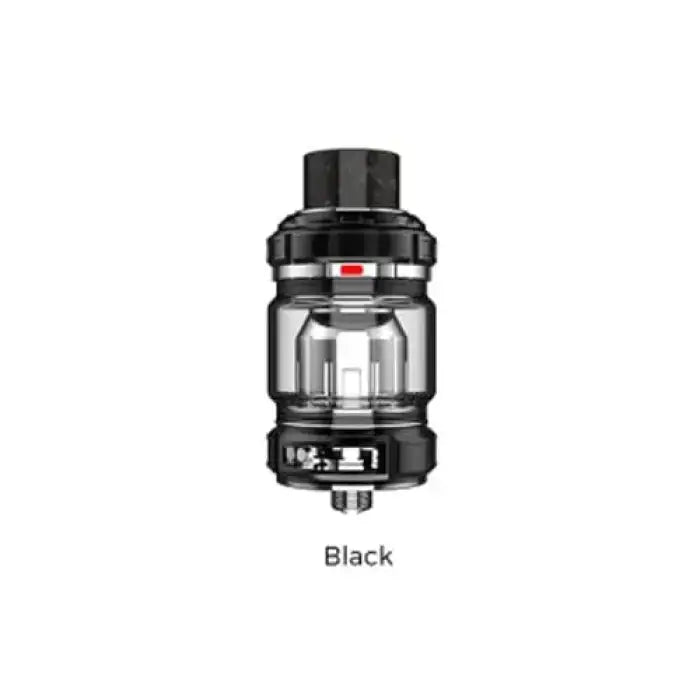 Black vaping tank or atomizer with a glass section and adjustable airflow ring.