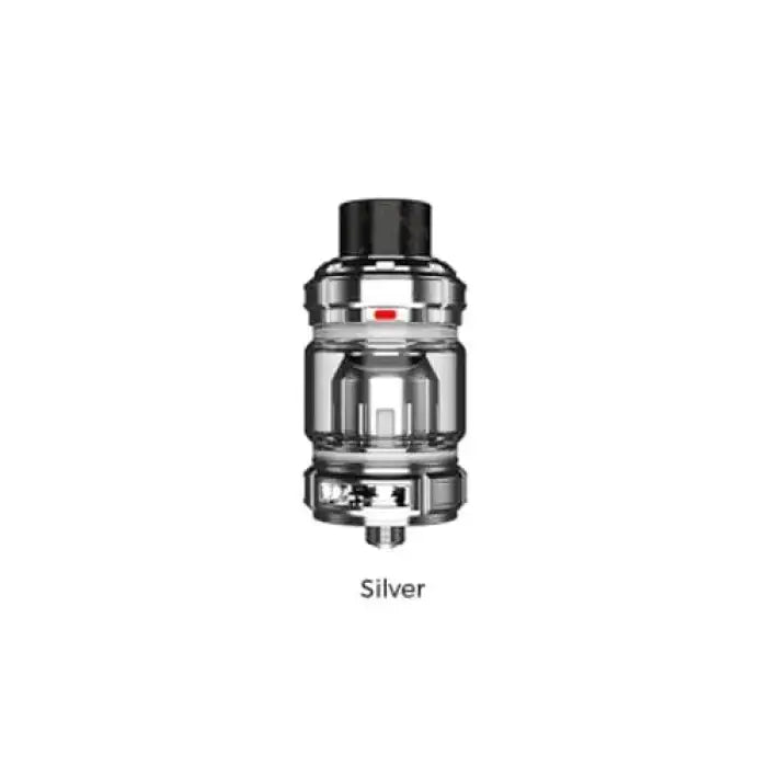 Silver-colored vaping tank or atomizer with a glass section and black drip tip.