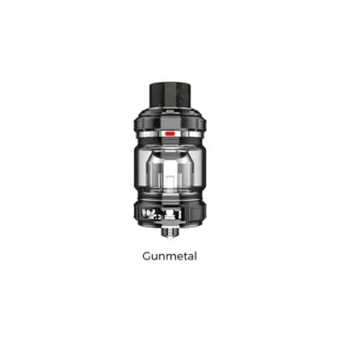 Gunmetal-colored vaping tank or atomizer with a glass section and adjustable airflow.