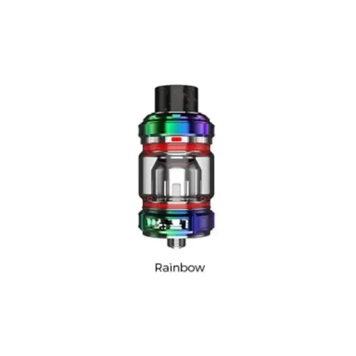 Colorful vaping tank or atomizer labeled ’Rainbow’ with a glass section and metallic components.