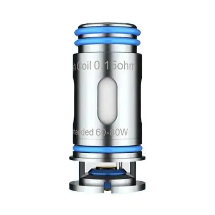 Vaping coil or atomizer head with blue and silver metallic components.