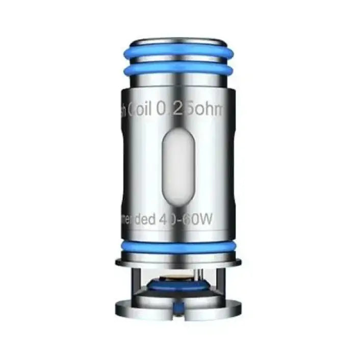 Cylindrical metal vaping coil with blue accents and text engraved on its surface.