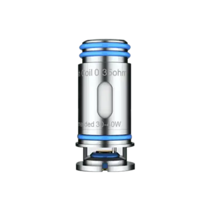 Cylindrical metal vaping coil with blue accents and visible specifications.