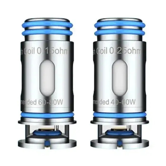 Pair of cylindrical metal vaping coils with blue accents.