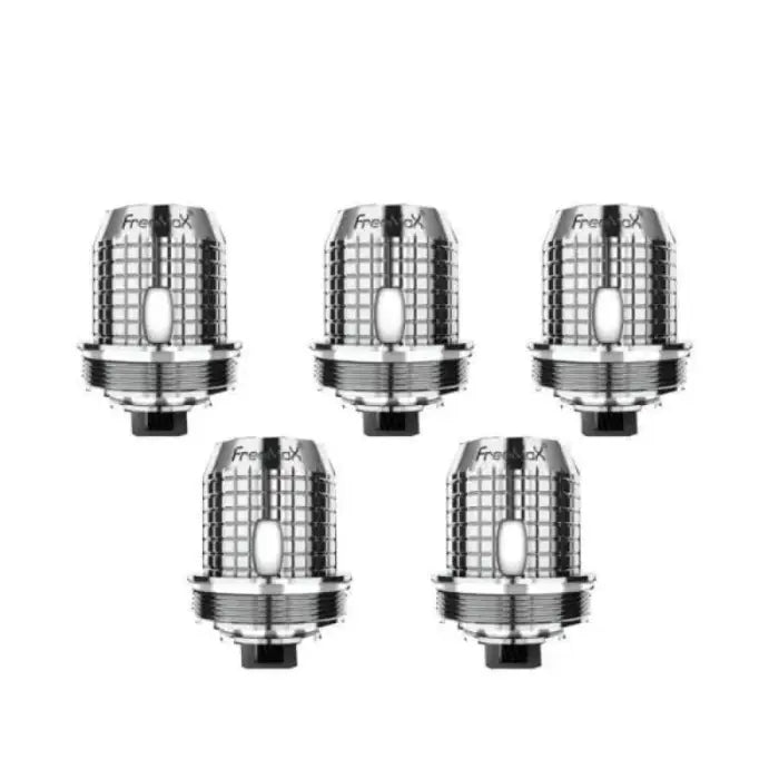 Set of five electronic cigarette coils or atomizer heads with mesh-style heating elements.