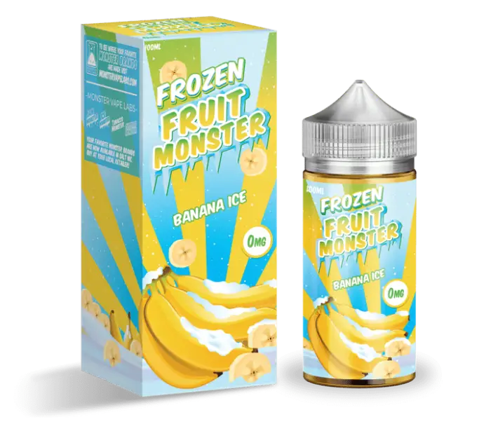 E-liquid product called ’Frozen Fruit Monster’ in banana ice flavor, featuring a box and bottle with banana imagery.