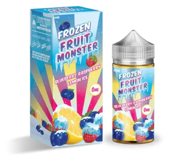 Bottle and packaging of ’Frozen Fruit Monster’ e-liquid featuring colorful fruit illustrations.