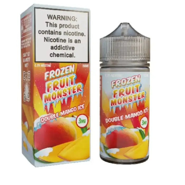 Bottle of e-liquid labeled ’Frozen Fruit Monster Double Mango Ice’ with a warning about nicotine content.