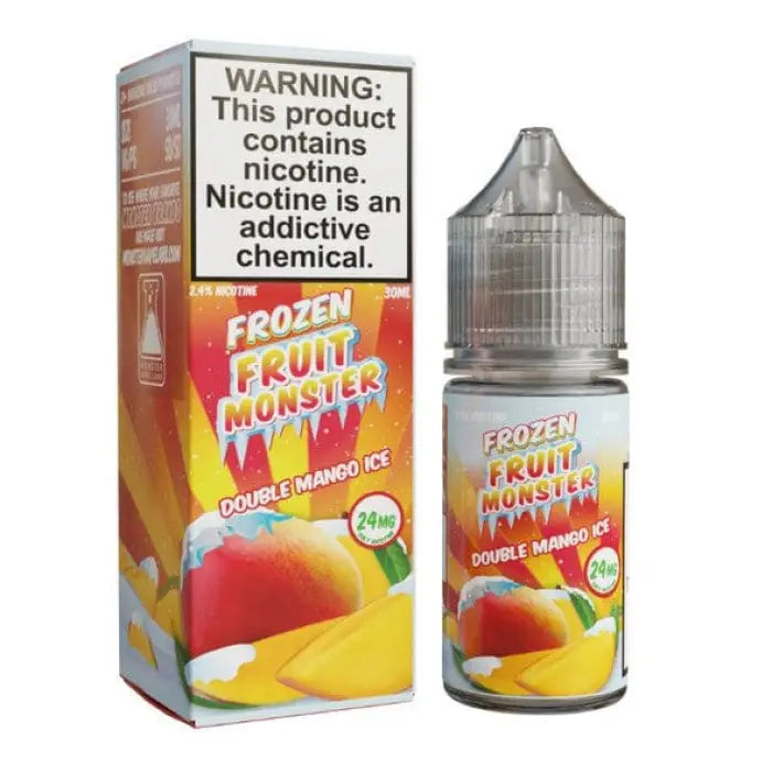 E-liquid bottle and packaging for a fruit-flavored vaping product called ’Frozen Fruit Monster’ with a nicotine warning label.