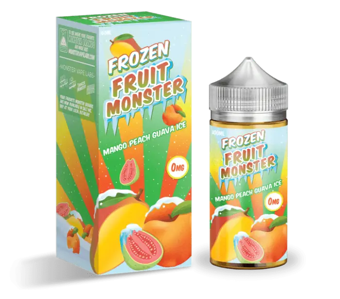 E-liquid bottle and packaging for a frozen fruit-flavored vape juice called ’Frozen Fruit Monster.’