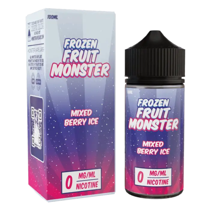 E-liquid bottle and packaging for ’Frozen Fruit Monster’ in Mixed Berry Ice flavor with 0mg nicotine.