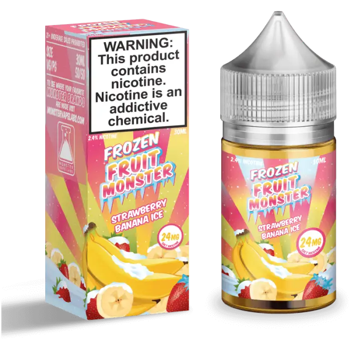 E-liquid bottle and packaging for a strawberry banana ice flavored vape juice called ’Frozen Fruit Monster’.