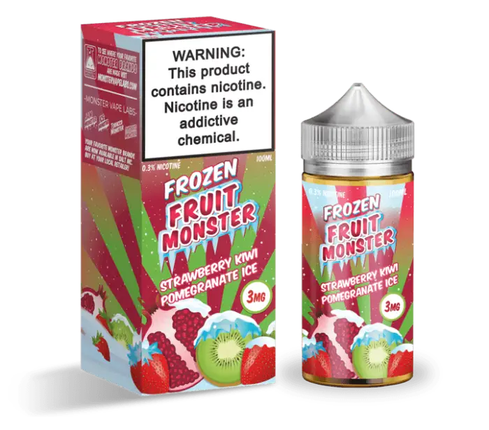 E-liquid product called ’Frozen Fruit Monster’ featuring strawberry, kiwi, and pomegranate flavors.