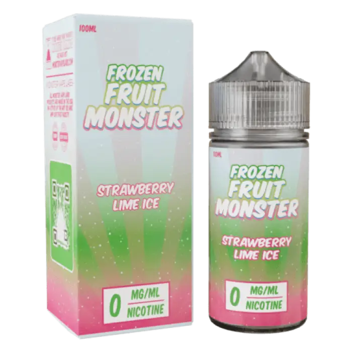 E-liquid bottle and packaging for ’Frozen Fruit Monster’ in Strawberry Lime Ice flavor with 0mg nicotine.