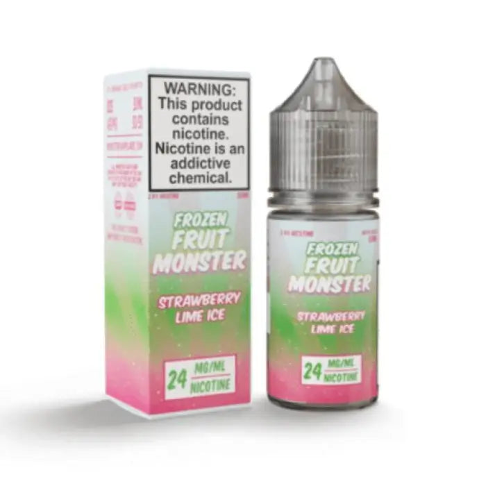 E-liquid bottle for vaping labeled ’Frozen Fruit Monster’ in strawberry lime ice flavor.