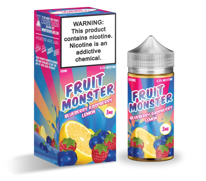 Colorful packaging for a fruit-flavored e-liquid product called ’Fruit Monster.’