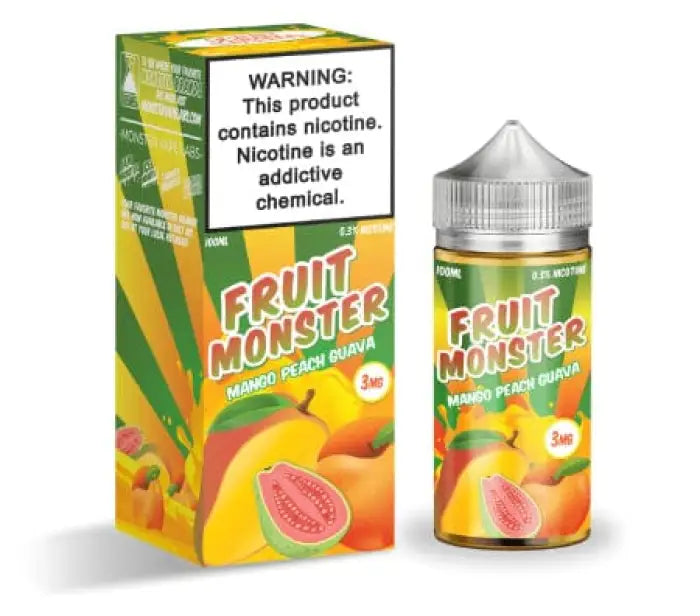 Fruit-flavored e-liquid product called ’Fruit Monster’ with mango and peach guava flavors.