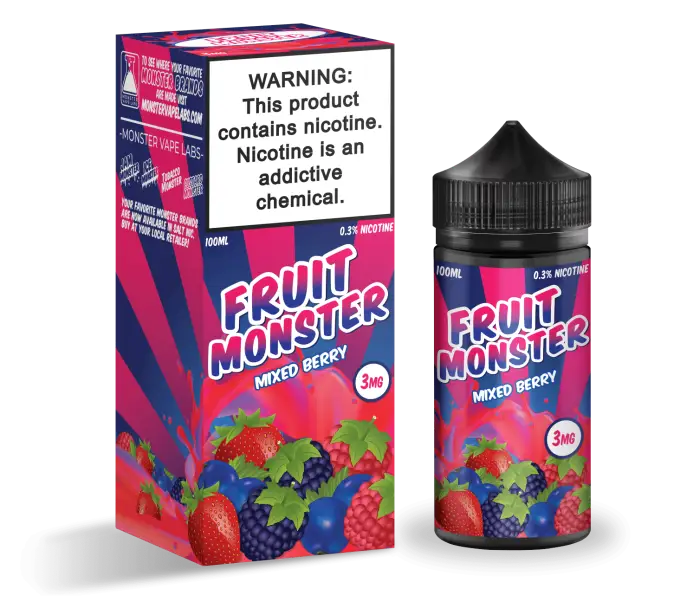 E-liquid product called ’Fruit Monster’ in mixed berry flavor, with packaging and warning label.