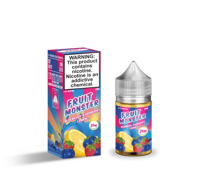 Colorful e-liquid bottle and packaging for ’Fruit Monster’ vape juice.