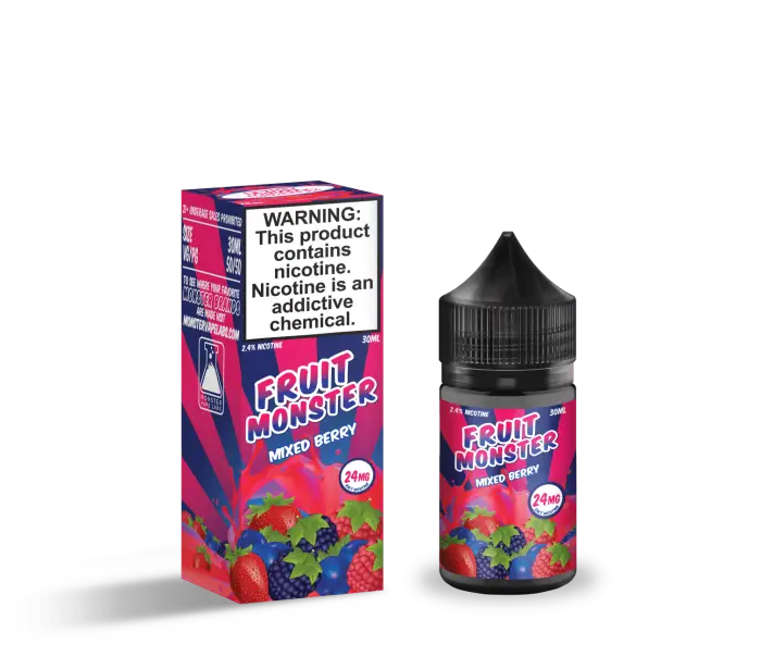 E-liquid bottle and packaging for ’Fruit Monster’ mixed berry flavor vape juice.