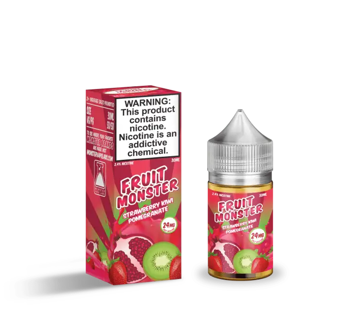 E-liquid bottle and packaging for ’Fruit Monster’ flavored vape juice.