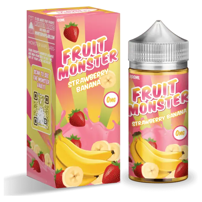 Fruit-flavored e-liquid product called ’Fruit Monster’ in strawberry banana flavor.