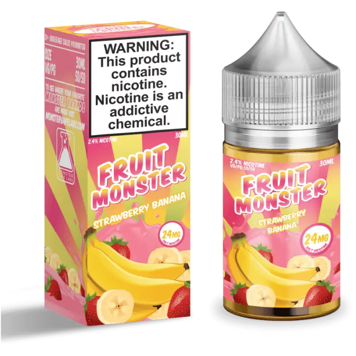 E-liquid bottle and packaging for ’Fruit Monster’ flavor in strawberry banana.