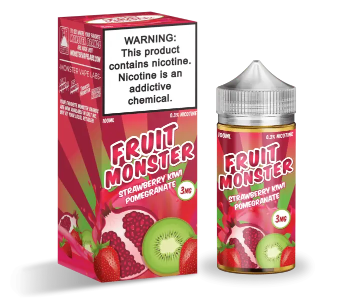 E-liquid bottle and packaging for ’Fruit Monster’ vape juice in strawberry kiwi pomegranate flavor.